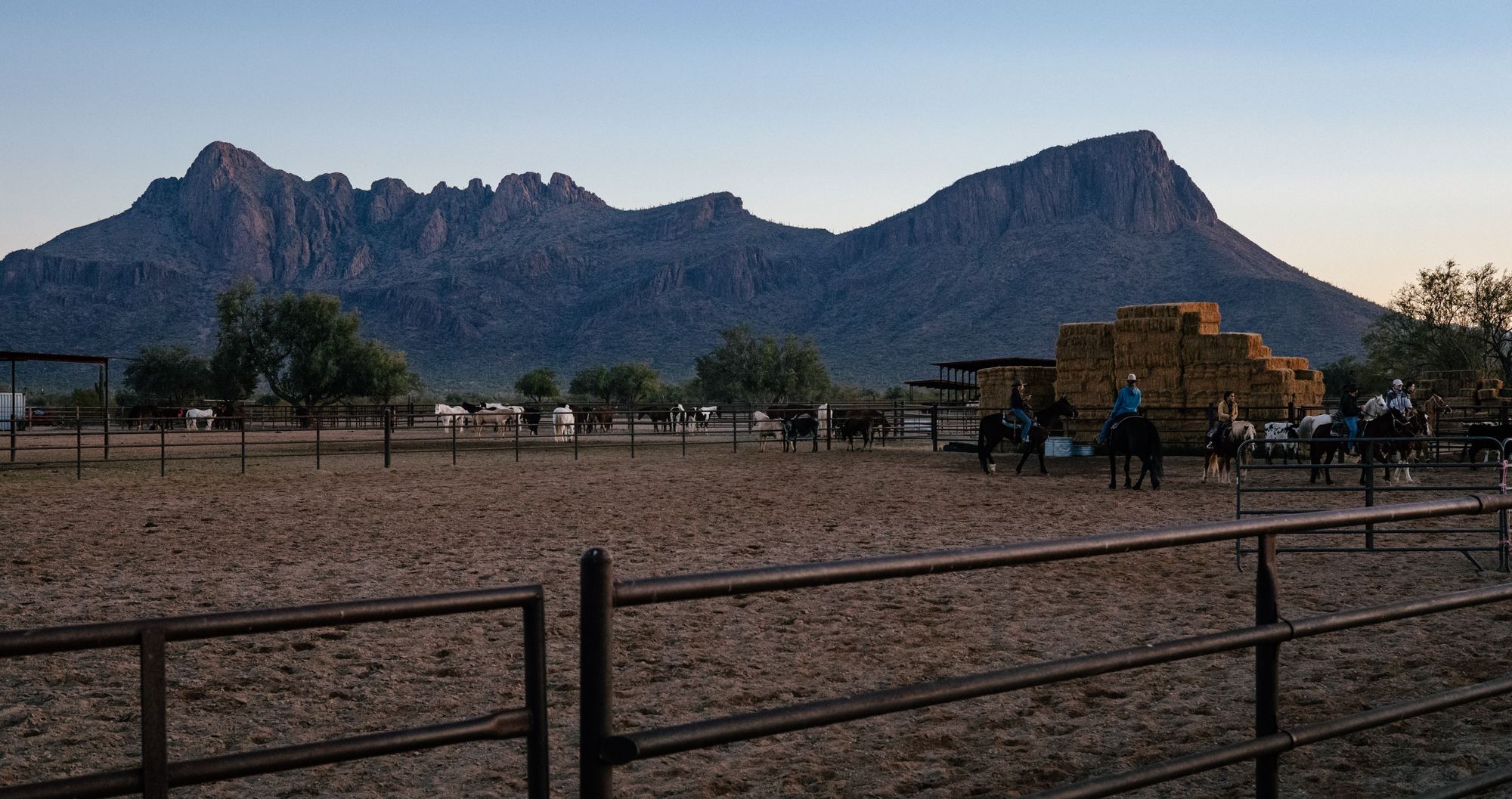 The corral at dusk beneath the Tucson Mountains